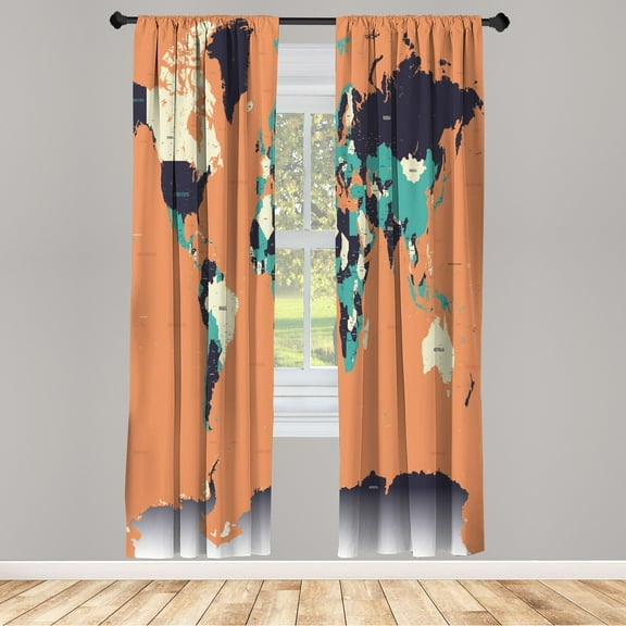 Ambesonne Earth Curtains, World Map Illustration Art, Pair of 28"x95", Persian Orange