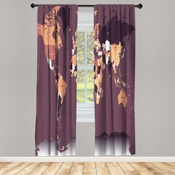Ambesonne Earth Curtains, World Map Illustration Art, Pair of 28"x95", Plum Peach
