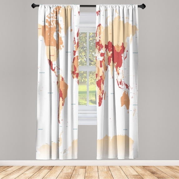 Ambesonne Earth Curtains, World Map Print Capital City, Pair of 28"x63", Beige Salmon