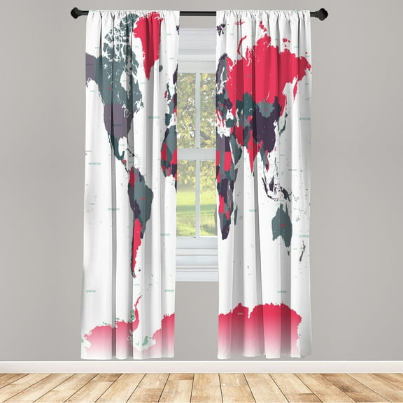 Ambesonne Earth Curtains, World Map Print Capital City, Pair of 28"x84", Dark Pink