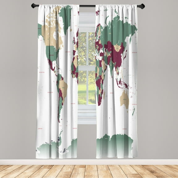 Ambesonne Earth Curtains, World Map Print Capital City, Pair of 28"x84", Laurel Green