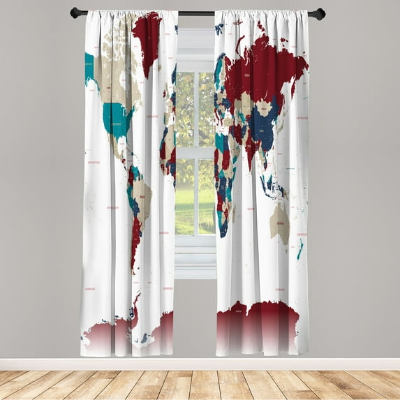 Ambesonne Earth Curtains, World Map Print Capital City, Pair of 28"x84", Pale Maroon
