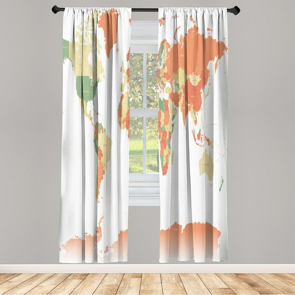Ambesonne Earth Curtains, World Map Print Capital City, Pair of 28"x84", Peach Ivory