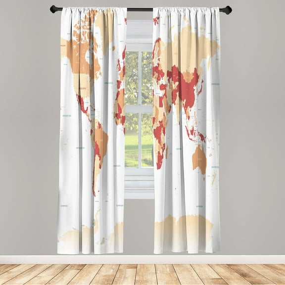 Ambesonne Earth Curtains, World Map Print Capital City, Pair of 28"x95", Beige Salmon