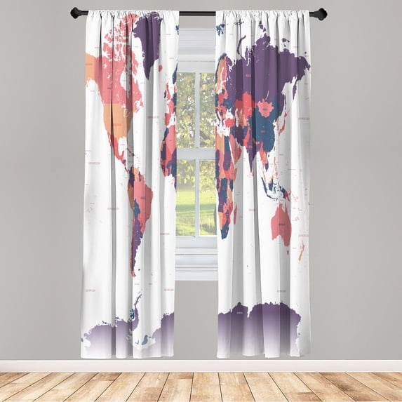 Ambesonne Earth Curtains, World Map Print Capital City, Pair of 28"x95", Pale Eggplant
