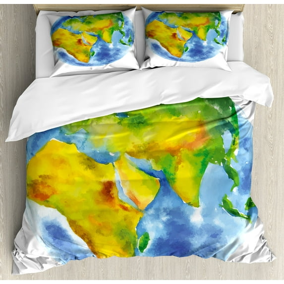 Ambesonne Earth Duvet Cover Set, Globe of Earth Watercolors, Queen, Pale Blue Green Yellow