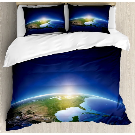 Ambesonne Earth Duvet Cover Set, Sunrise North America, Queen, Blue Dark Blue Green
