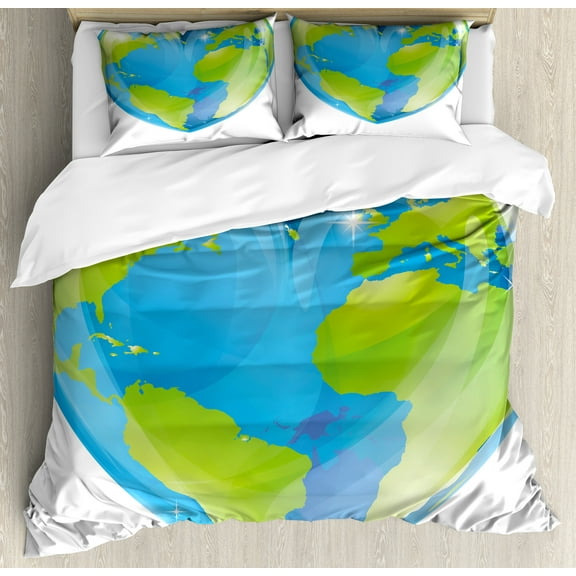 Ambesonne Earth Duvet Cover Set, Vibrant Globe Heart Shape, 2-Calking, Pale Blue Lime Green