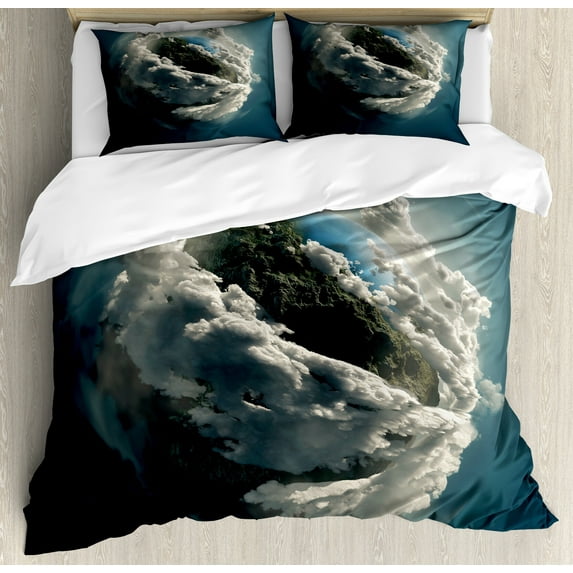 Ambesonne Earth Duvet Cover Sets, Planet Majestic Clouds, 2-Queen, Petrol Blue White
