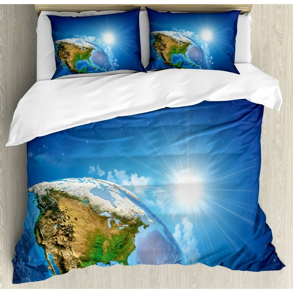 Ambesonne Earth Duvet Cover Sets, United States in Space, 2-Queen, Blue Green Pale Brown