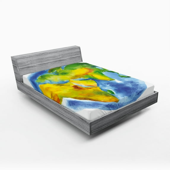 Ambesonne Earth Fitted Sheet, Globe of Earth Watercolors, Queen Size, Pale Blue Green Yellow