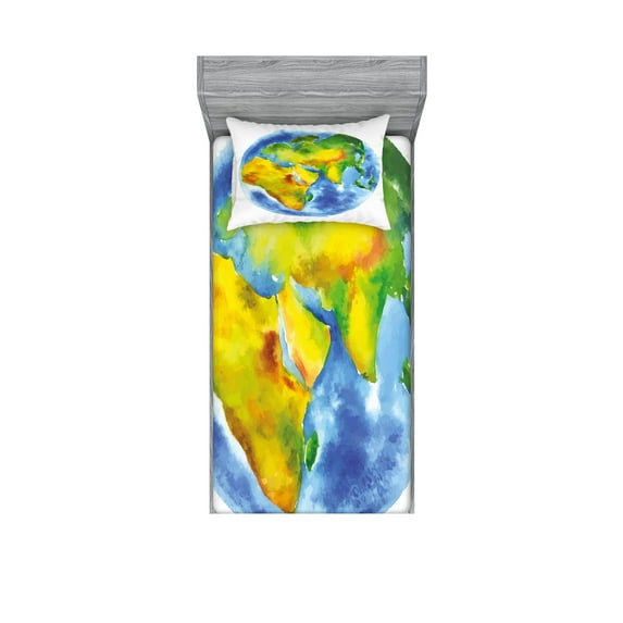 Ambesonne Earth Fitted Sheet & Pillow Sham Set, Globe of Earth Watercolors, Twin, Pale Blue Green Yellow
