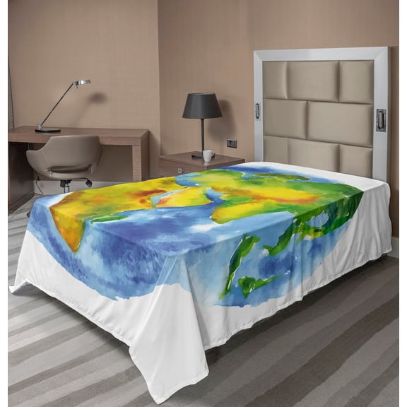 Ambesonne Earth Flat Sheet, Globe of Earth Watercolors, TwinXL Size, Pale Blue Green Yellow