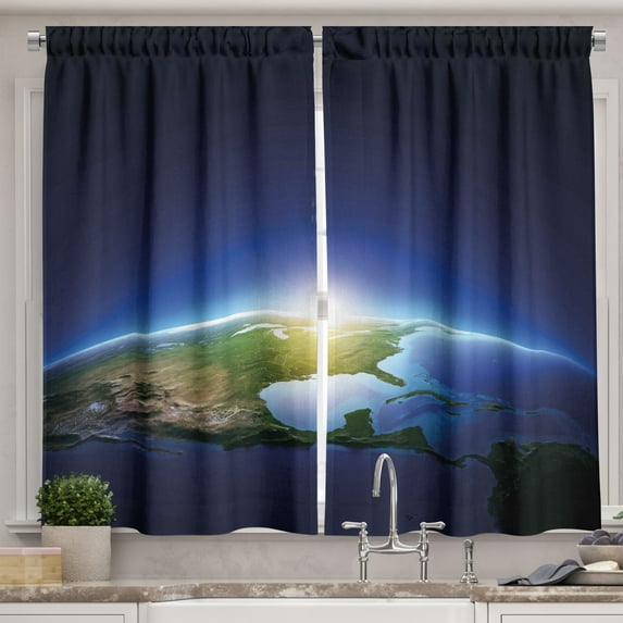 Ambesonne Earth Kitchen Curtains, Sunrise North America, 55"x39", Blue Dark Blue Green