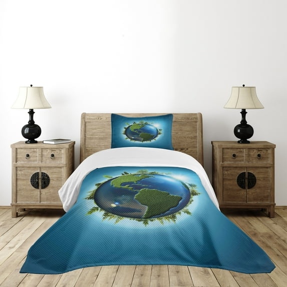 Ambesonne Earth Quilted Bedspread Set 2 Pcs, Blue Seas Fresh Continent, Twin Size, Blue Green Pale Blue