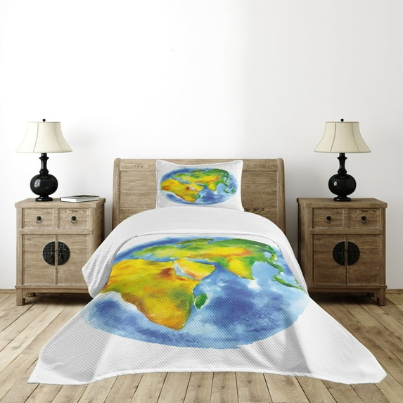 Ambesonne Earth Quilted Bedspread Set 2 Pcs, Globe of Earth Watercolors, Twin Size, Pale Blue Green Yellow