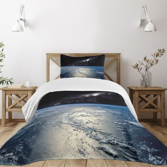 Ambesonne Earth Quilted Bedspread Set 2 Pcs, Majestic Universe Nebula, Twin Size, Pale Grey Pale Blue
