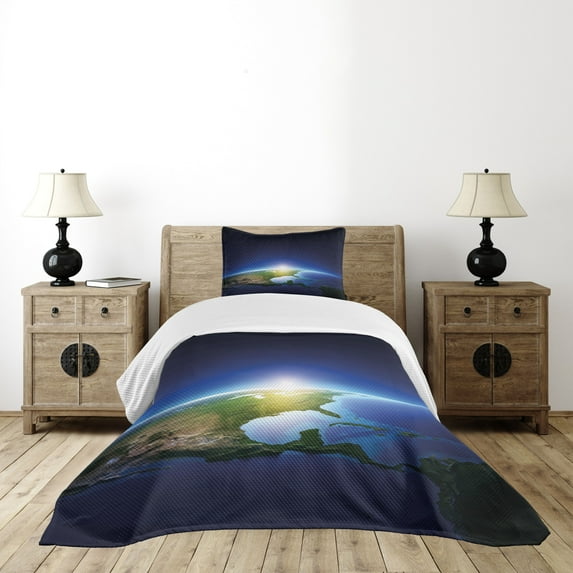 Ambesonne Earth Quilted Bedspread Set 2 Pcs, Sunrise North America, Twin Size, Blue Dark Blue Green