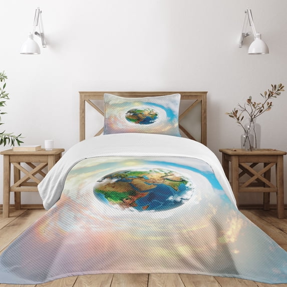 Ambesonne Earth Quilted Bedspread Set 2 Pcs, Vibrant Planet Continents, Twin Size, Multicolor
