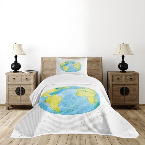 Ambesonne Earth Quilted Bedspread Set 2 Pcs, Watercolor Style Planet, Twin Size, Green Blue