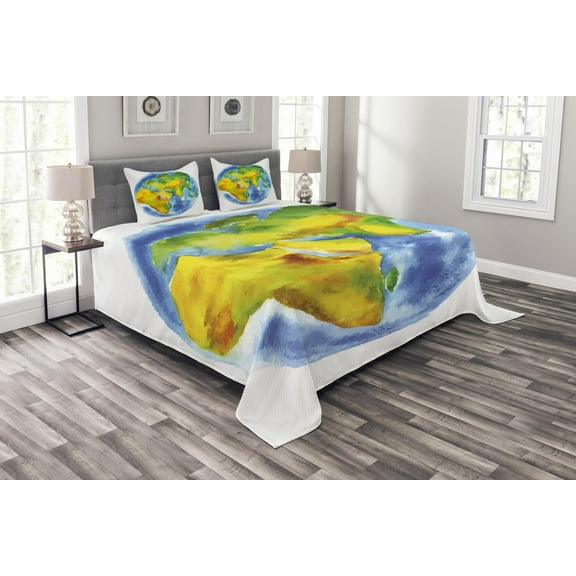 Ambesonne Earth Quilted Bedspread Set 3 Pcs, Globe of Earth Watercolors, Queen Size, Pale Blue Green Yellow