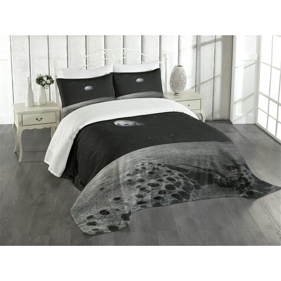Ambesonne Earth Quilted Bedspread Set 3 Pcs, Planet Earth from Moon, King Size, Black Grey Blue