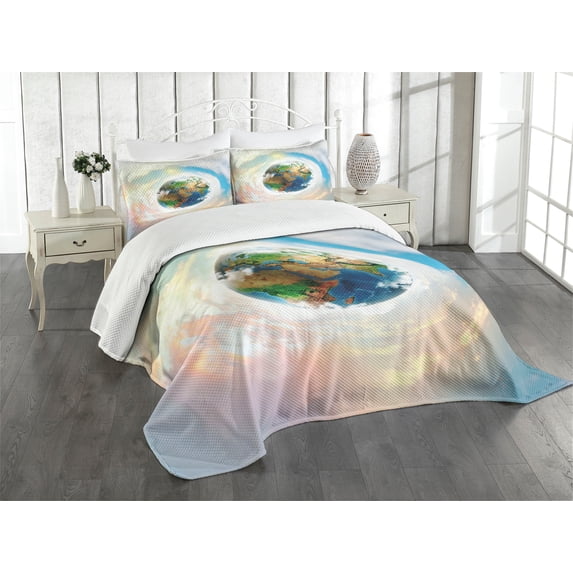Ambesonne Earth Quilted Bedspread Set 3 Pcs, Vibrant Planet Continents, King Size, Multicolor