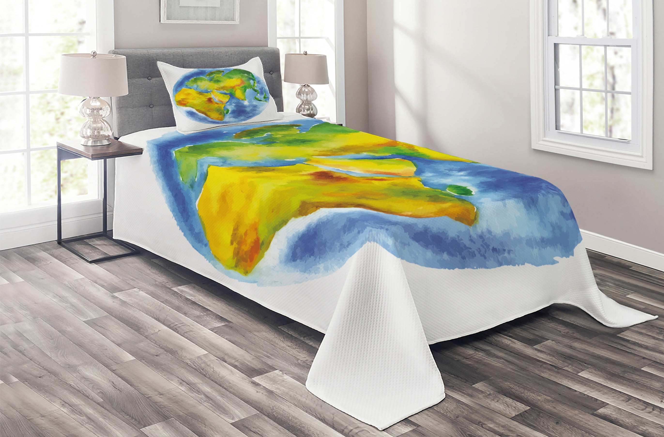 Ambesonne Ambesonne Earth Bedspread Set Globe of Earth Watercolors Pale Blue Green Yellow