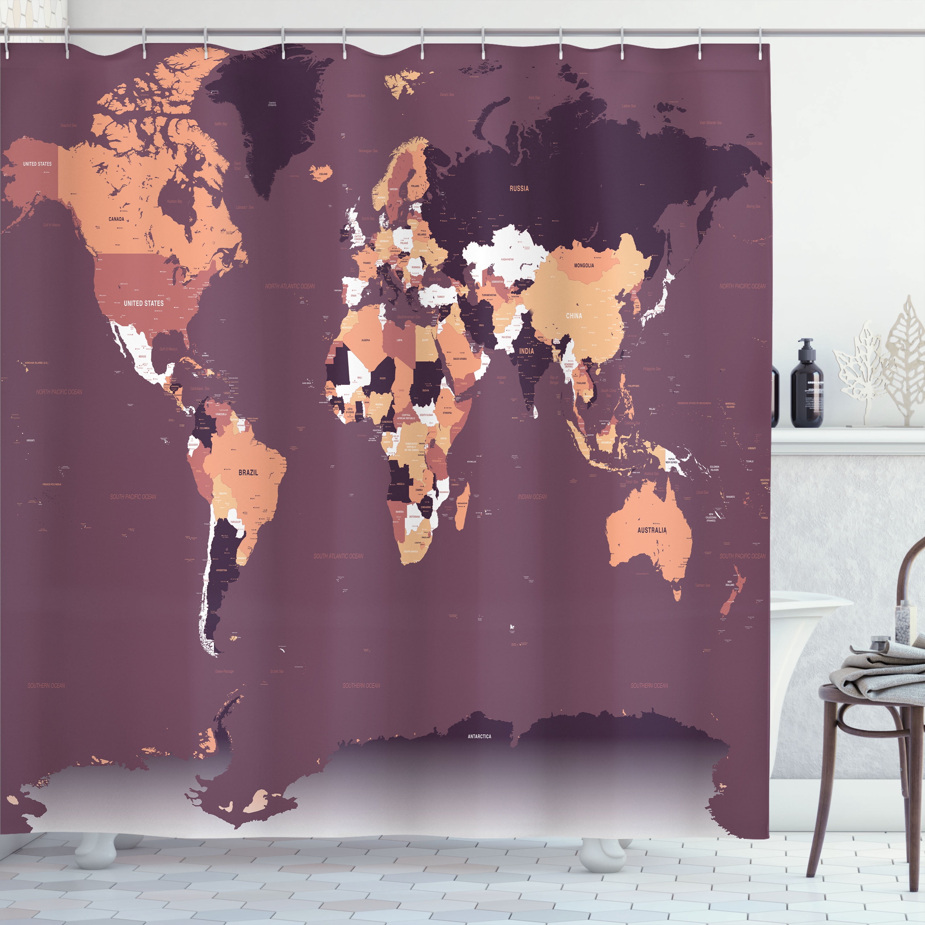 Ambesonne Earth Shower Curtain, World Map Illustration Art, 69"Wx75"L, Plum Peach