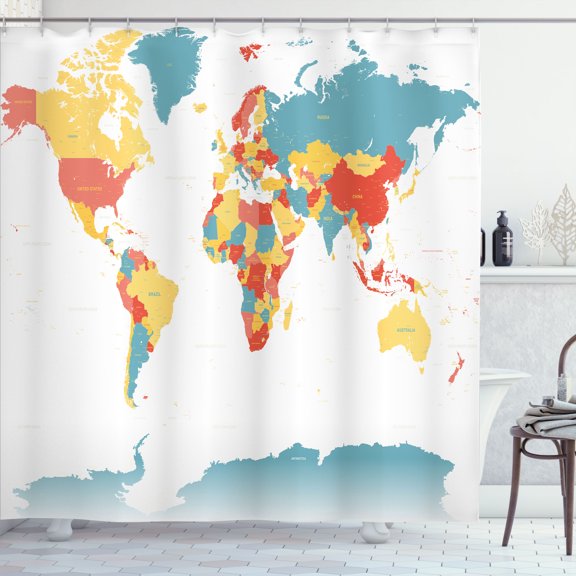 Ambesonne Earth Shower Curtain, World Map Print Capital City, 69"Wx70"L, Pastel Yellow