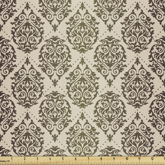 Ambesonne Earth Tones Fabric by the Yard Upholstery, Baroque Damask, 3 Yards, Sepia Brown Beige
