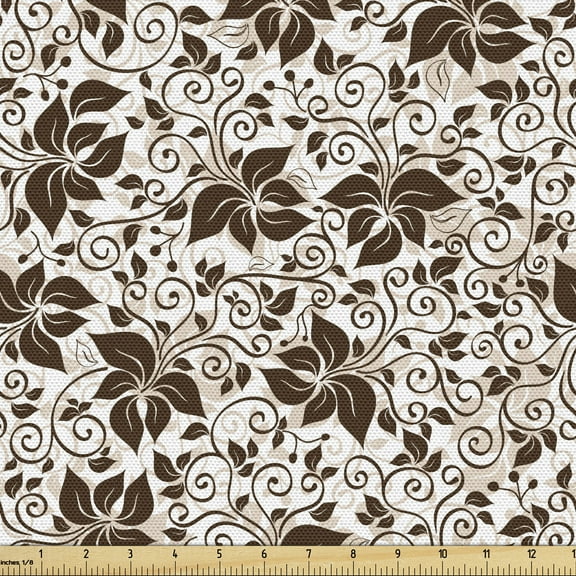 Ambesonne Earth Tones Fabric by the Yard Upholstery, Brown Flower Leaves, 3 Yards, Dark Brown White