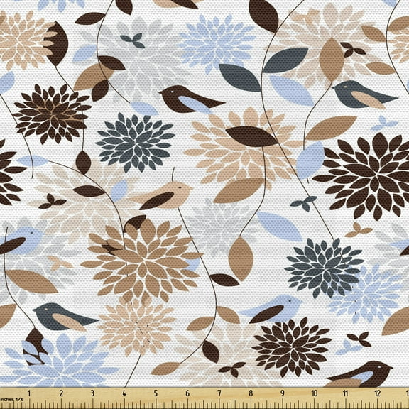 Ambesonne Earth Tones Fabric by the Yard Upholstery, Hydrangea Abstract, 3 Yards, Brown Blue White