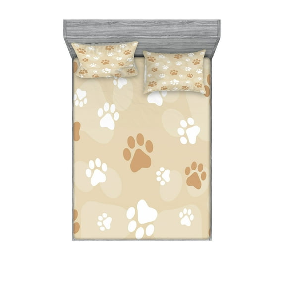 Ambesonne Earth Tones Fitted Sheet & Pillow Sham Set, Dog Pet Paws, Queen, Pale Caramel White Beige