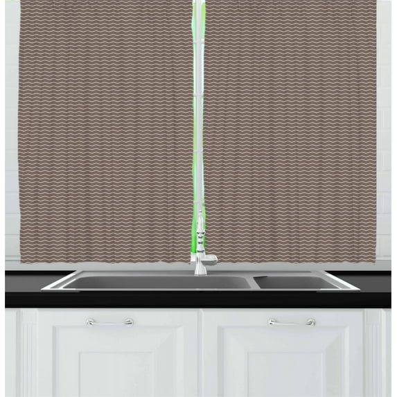 Ambesonne Earth Tones Kitchen Curtains, Wavy Zigzag Lines, 55"x39", Taupe and White