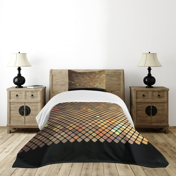 Ambesonne Earth Tones Quilted Bedspread Set 2 Pcs, Mosaic of Squares, Twin Size, Multicolor