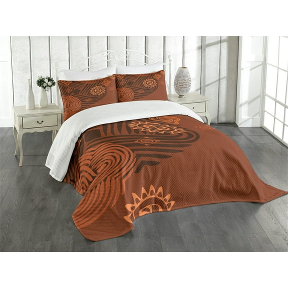 Ambesonne Earth Tones Quilted Bedspread Set 3 Pcs, Folk Floral Details, Queen Size, Brown Orange Peach