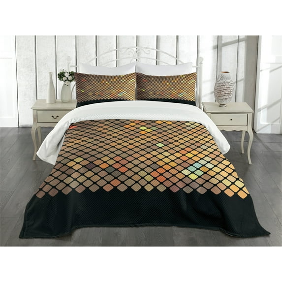 Ambesonne Earth Tones Quilted Bedspread Set 3 Pcs, Mosaic of Squares, Queen Size, Multicolor