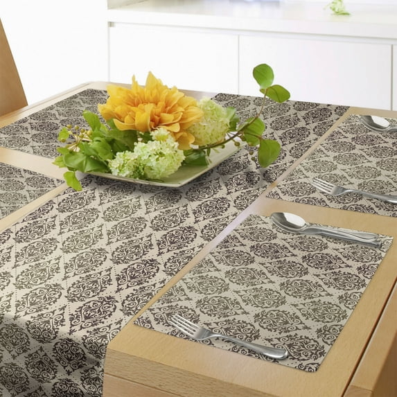 Ambesonne Earth Tones Table Runner & Placemats, Baroque Damask, Placemat 4 pcs + Runner 14"x90", Sepia Brown Beige