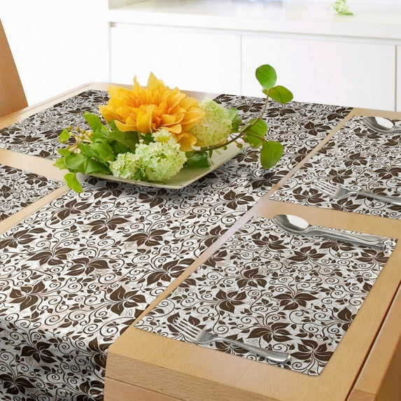 Ambesonne Earth Tones Table Runner & Placemats, Brown Flower Leaves, Placemat 4 pcs + Runner 16"x72", Dark Brown White