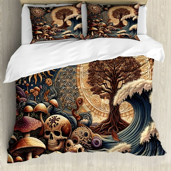 Ambesonne Earthy Boho Duvet Cover Set, Gothic Woods Waves Sun, King, Dark Slate Blue Cinnamon