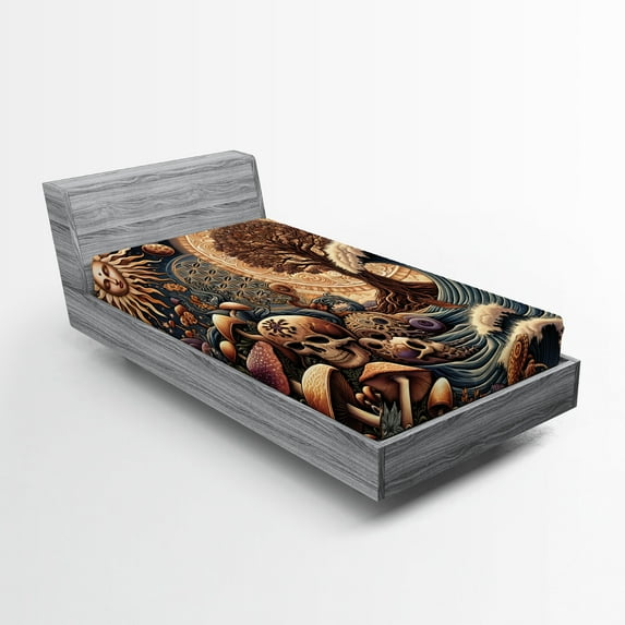 Ambesonne Earthy Boho Fitted Sheet, Gothic Woods Waves Sun, TwinXL Size, Dark Slate Blue Cinnamon