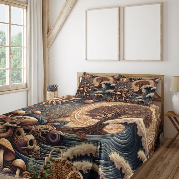 Ambesonne Earthy Boho Fitted & Top Sheet Set with Sham, Gothic Woods Waves Sun, Dark Slate Blue Cinnamon