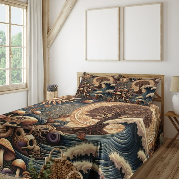 Ambesonne Earthy Boho Fitted & Top Sheet Set with Shams, Gothic Woods Waves Sun, Dark Slate Blue Cinnamon