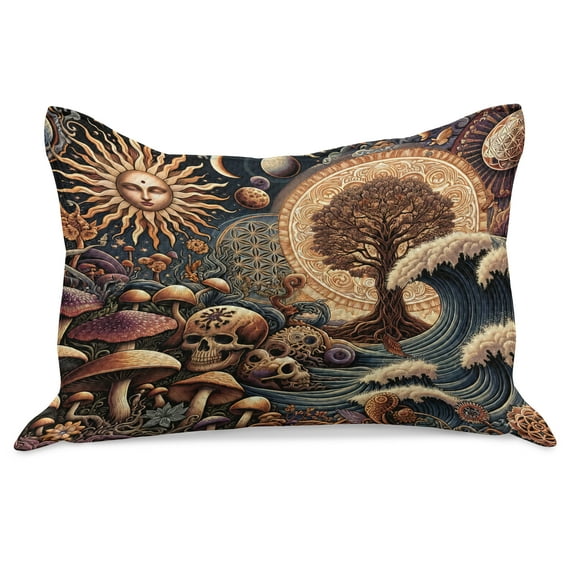 Ambesonne Earthy Boho Knitted Quilt Pillowcover, Gothic Woods Waves Sun, 36"x20", Dark Slate Blue Cinnamon