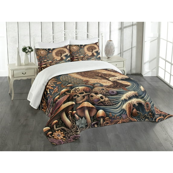 Ambesonne Earthy Boho Quilted Bedspread Set 3 Pcs, Gothic Woods Waves Sun, King Size, Dark Slate Blue Cinnamon