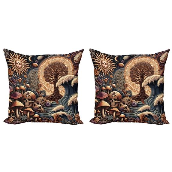 Ambesonne Earthy Boho Throw Pillow Cover 2 Pack, Gothic Woods Waves Sun, 20", Dark Slate Blue Cinnamon