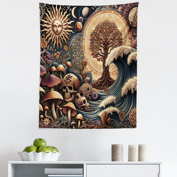 Ambesonne Earthy Boho Wall Hanging Tapestry, Gothic Woods Waves Sun, 23"x28", Dark Slate Blue Cinnamon