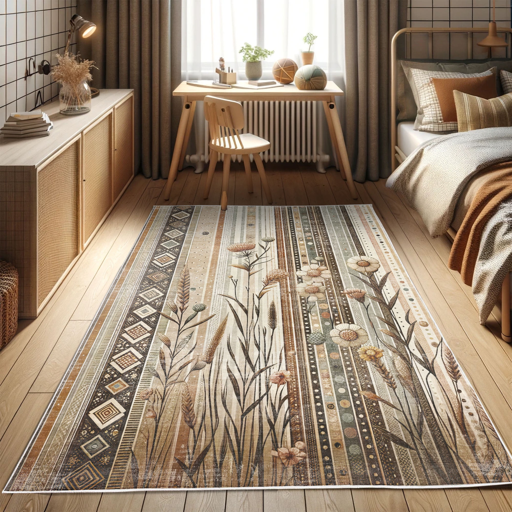 Earthy Tan and Pale Teal Striped Synthetic Area Rug 2'3" x 3'9"