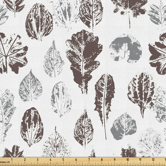 Ambesonne Earthy Fabric by the Yard Upholstery, Grunge Stamp Look Leaves, 10 Yards, Dark Warm Taupe Grey